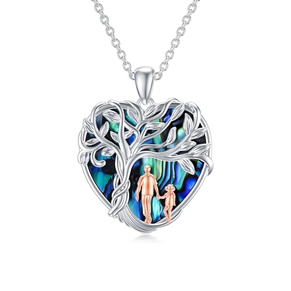 WINNICACA S925 Sterling Silver Tree of Life Father Daughter Necklace Heart Pendant Necklace Abalone Shell Jewelry Birthday Anniversary Valentines Mothers Day Gifts for Women