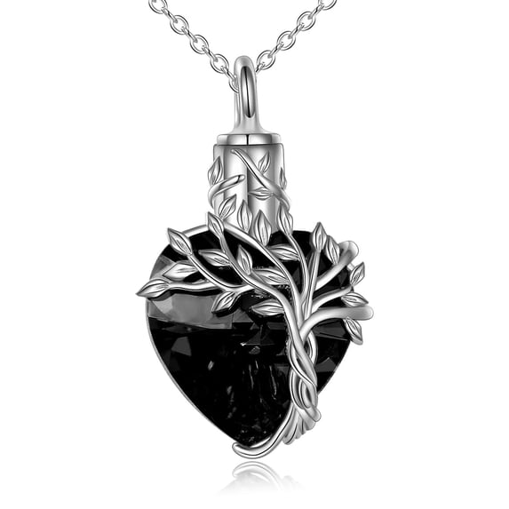 WINNICACA Heart Tree of Life Urn Necklace for Ashes Sterling Silver Cremation Jewelry with Black Crystal with Funnel Filler Memorial Birthday Anniversary Mothers Valentines Day Gifts for Women