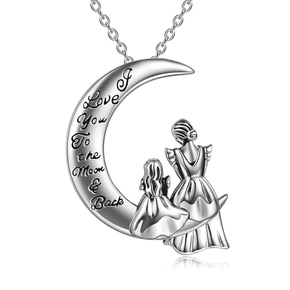 WINNICACA S925 Sterling Silver Mother Daughter Jewelry Necklace Moon Pendant with Seated Silhouettes Valentines Mothers Day Best Moms Birthday