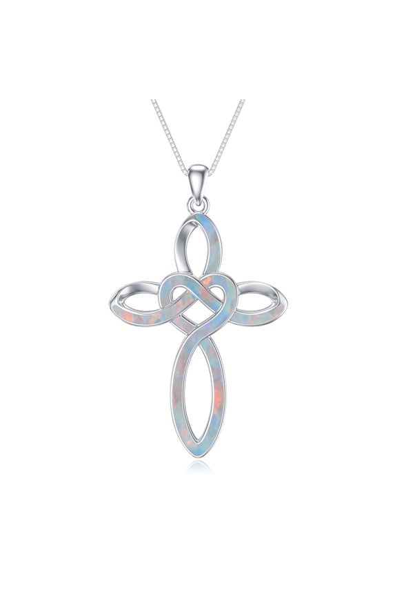 Cross Necklace 925 Sterling Silver Celtic Pendant White Opal Jewelry Birthday Anniversary Mothers Valentines Day Gifts for Women
