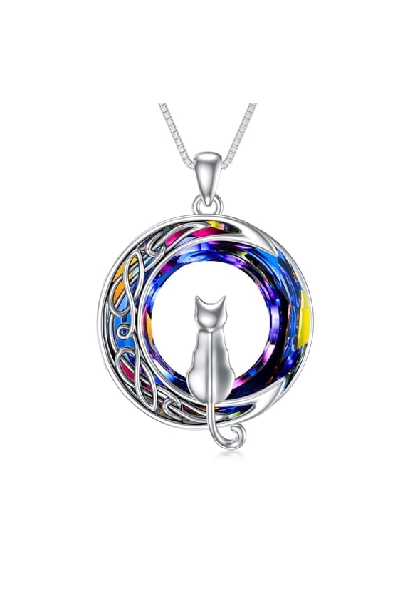 S925 Sterling Silver Cat on the Moon Necklace Volcanic Crystal Celtic Jewelry Birthday Anniversary Mothers Valentines Day Gifts for Women