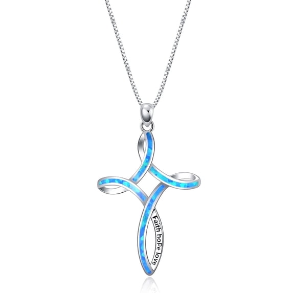 WINNICACA S925 Sterling Silver Cross Necklace Blue Opal Faith Hope Love Celtic Knot Birthday Anniversary Valentines Mothers Day Gifts for Women
