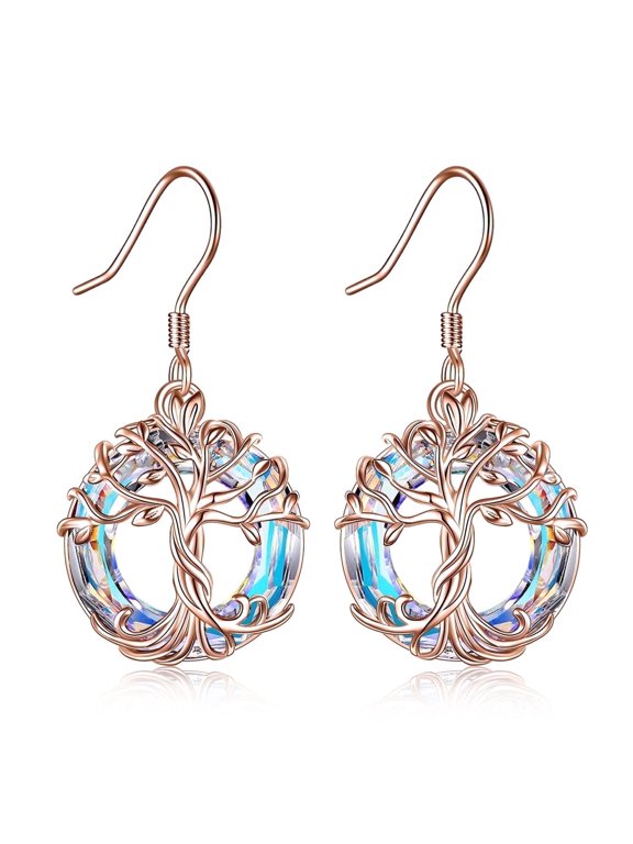 S925 Sterling Silver Family Tree of Life Dangle Drop Earrings with Crystal, Rose Gold Tone, Birthday Anniversary Mothers Valentines Day Gifts for Women