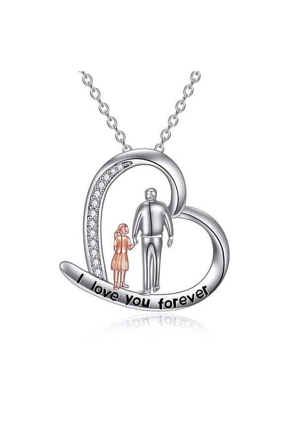S925 Sterling Silver Father Daughter Heart Pendant Necklace I Love You Forever Jewelry Birthday Anniversary Valentines Day Gifts for Daughter Father