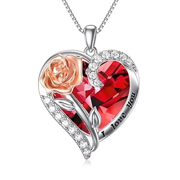 WINNICACA S925 Sterling Silver Rose Flower Pendant Garnet Necklaces with Heart Crystal January Pendant Jewelry Birthday Anniversary Mothers Day Valentines Day Gifts for Women