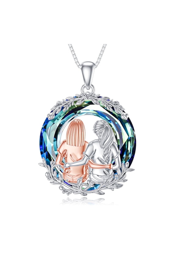 Friendship Necklace for 2 Sister Sit and Hug Pendent Sterling Silver with Circle Blue Crystal Best Friend Birthday Anniversary Mothers Valentines Day Gifts for Women Sister