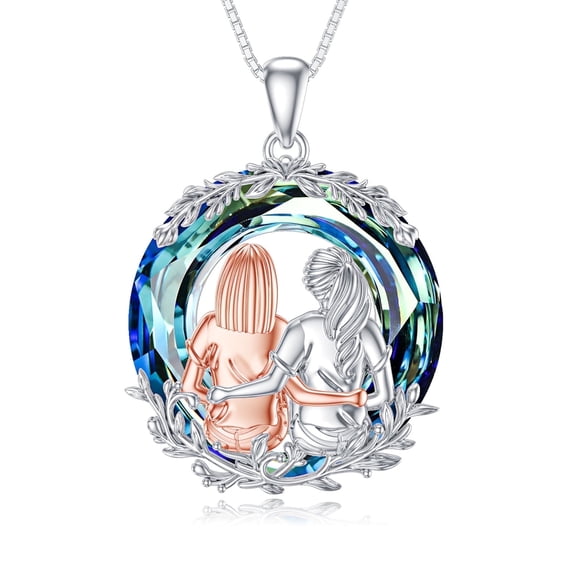 WINNICACA Friendship Necklace for 2 Sister Sit and Hug Pendent Sterling Silver with Circle Blue Crystal Best Friend Birthday Anniversary Mothers Valentines Day Gifts for Women Sister