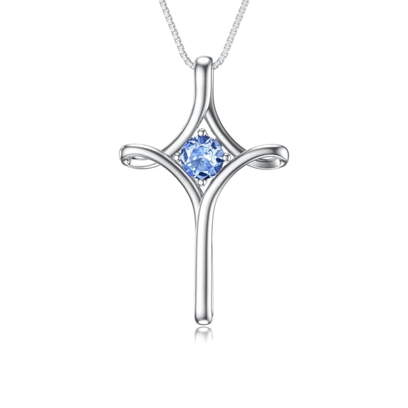 WINNICACA Sterling Silver Faith Cross Crucifix Aquamarine Necklace March Birthstone Religious Jewelry Birthday Anniversary Mothers Valentines Day Gifts for Women