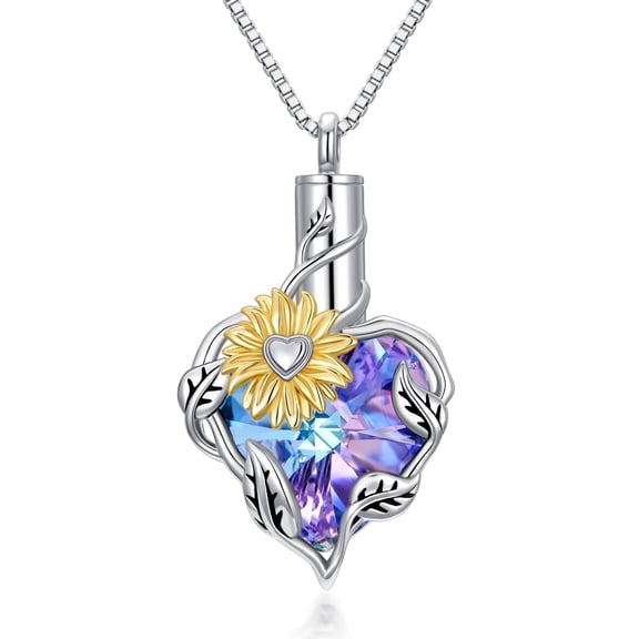 WINNICACA Urn Necklace for Ashes Purple Heart Crystal S925 Sterling Silver Dainty Sunflower Pendant Cremation Jewelry Birthday Anniversary Mothers Valentines Day Gifts for Women