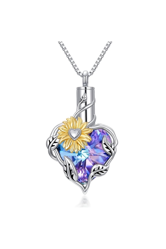 Urn Necklace for Ashes Purple Heart Crystal S925 Sterling Silver Dainty Sunflower Pendant Cremation Jewelry Birthday Anniversary Mothers Valentines Day Gifts for Women