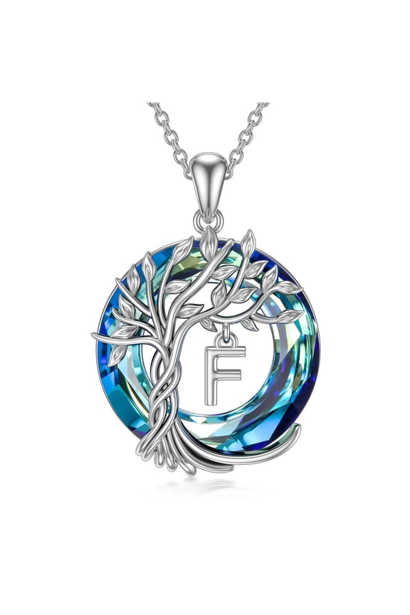 Tree of Life Necklace Sterling Silver Initial F Letter Blue Crystal Pendant Necklace Jewelry Birthday Mothers Valentines Day Gifts for Women