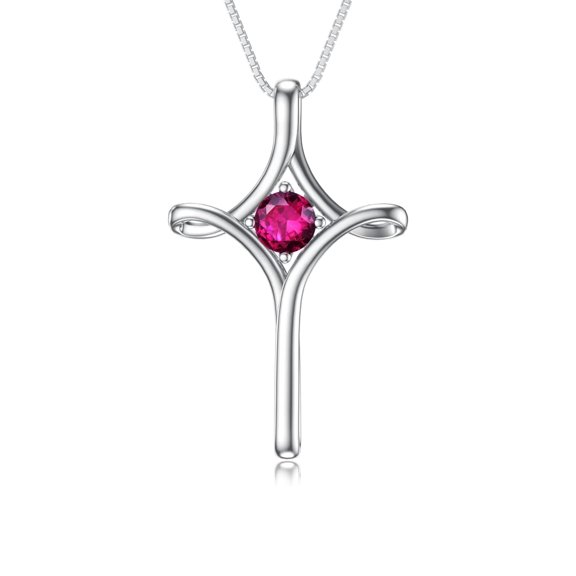 WINNICACA S925 Sterling Silver Faith Cross Ruby Necklace Religious July Birthstone Necklace Crucifix Jewelry Birthday Anniversary Mothers Valentines Day Gifts for Women