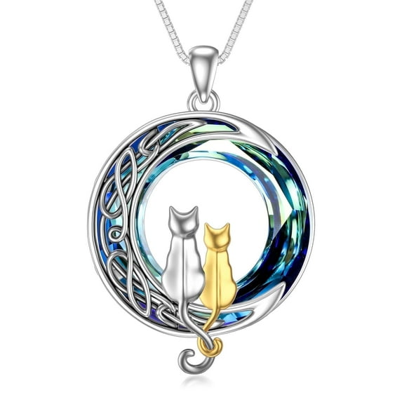 WINNICACA Sterling Silver 2 Cats on the Moon Necklace Blue Circle Crystal Celtic Jewelry Birthday Anniversary Mothers Valentines Day Gifts for Women