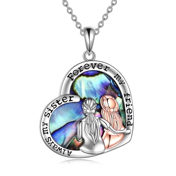 WINNICACA Friendship Necklace for 2 Sisters S925 Sterling Silver Abalone Shell Heart Pendant Always My Sister Forever My Best Friend Birthday Anniversary Valentines Mothers Day Gifts for Women Sister
