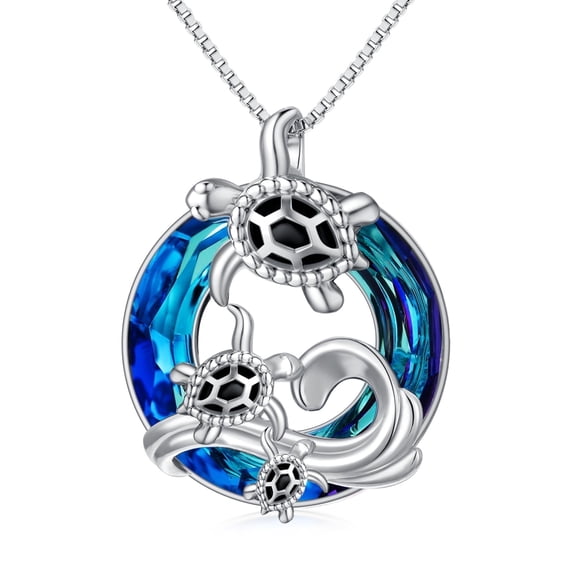 WINNICACA Sterling Silver 3 Turtles Pendant Ocean Beach Necklace with Blue Crystal Jewelry Birthday Anniversary Mothers Day Gifts for Women