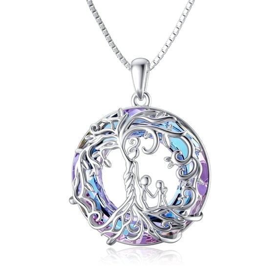 WINNICACA Mother and 2 Daughter or Son Sterling Silver Family Tree of Life Pendant Necklace with Purple Crystal Jewelry Birthday Anniversary Mothers Valentines Day Gifts for Women