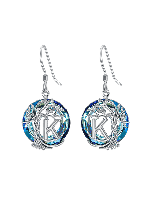 Sterling Silver Tree of Life Initial K Letter Dangle Drop Earrings with Blue Crystal Jewelry Birthday Anniversary Mothers Valentines Day Gifts for Womenf