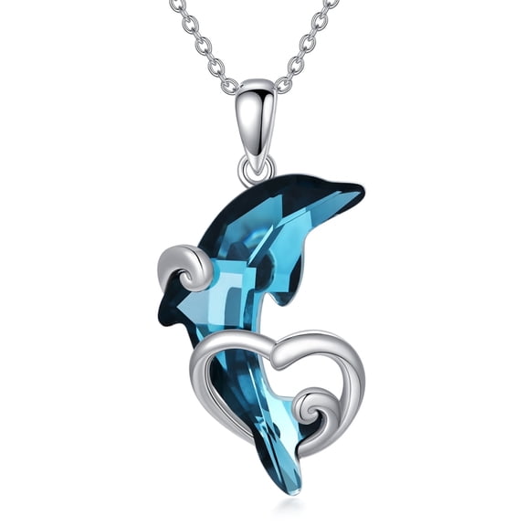 WINNICACA Wave Dolphin Gifts Sterling Silver Dolphin Pendant Necklace Blue Crystal Dolphins Jewelry Summer Beach Themed Birthday Mothers Valentines Day Gifts for Women