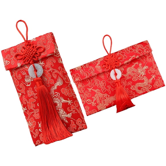 LEORX 2Pcs Traditional Brocade Red Envelopes with Silk Buttons and Tassel for Lunar New Year Blessings