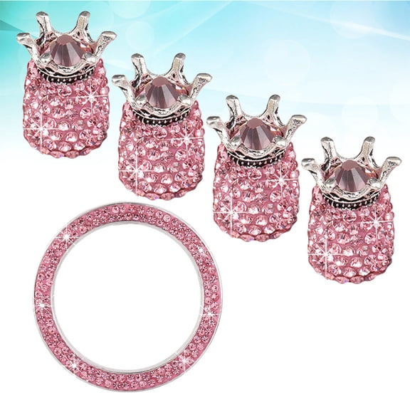 LEORX 5Pcs Rhinestone Pink Car Tire Dust Caps Shape Stem Caps with Ignition Button