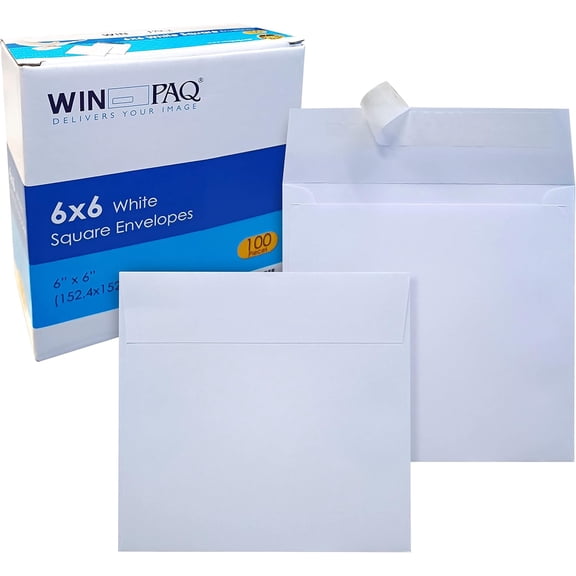 WINPAQ 6 x 6 Square Envelopes, 100 Pack 70lb White, Peel & Seal Closure, Perfect for Invitations, Greeting Cards, and Announcements
