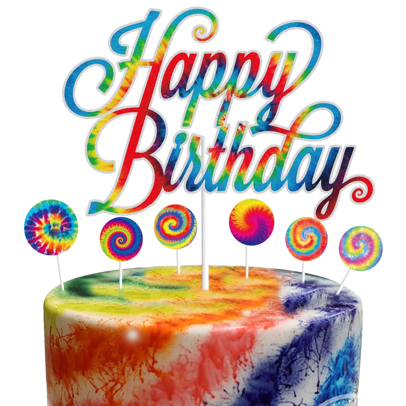WINPOGEE 7Pcs Tie Dye Happy Birthday AIS1Cake Topper Party Supplies Decorations Tie Dye Carnival Birthday Cake Backdrop Decor for Boys Girls
