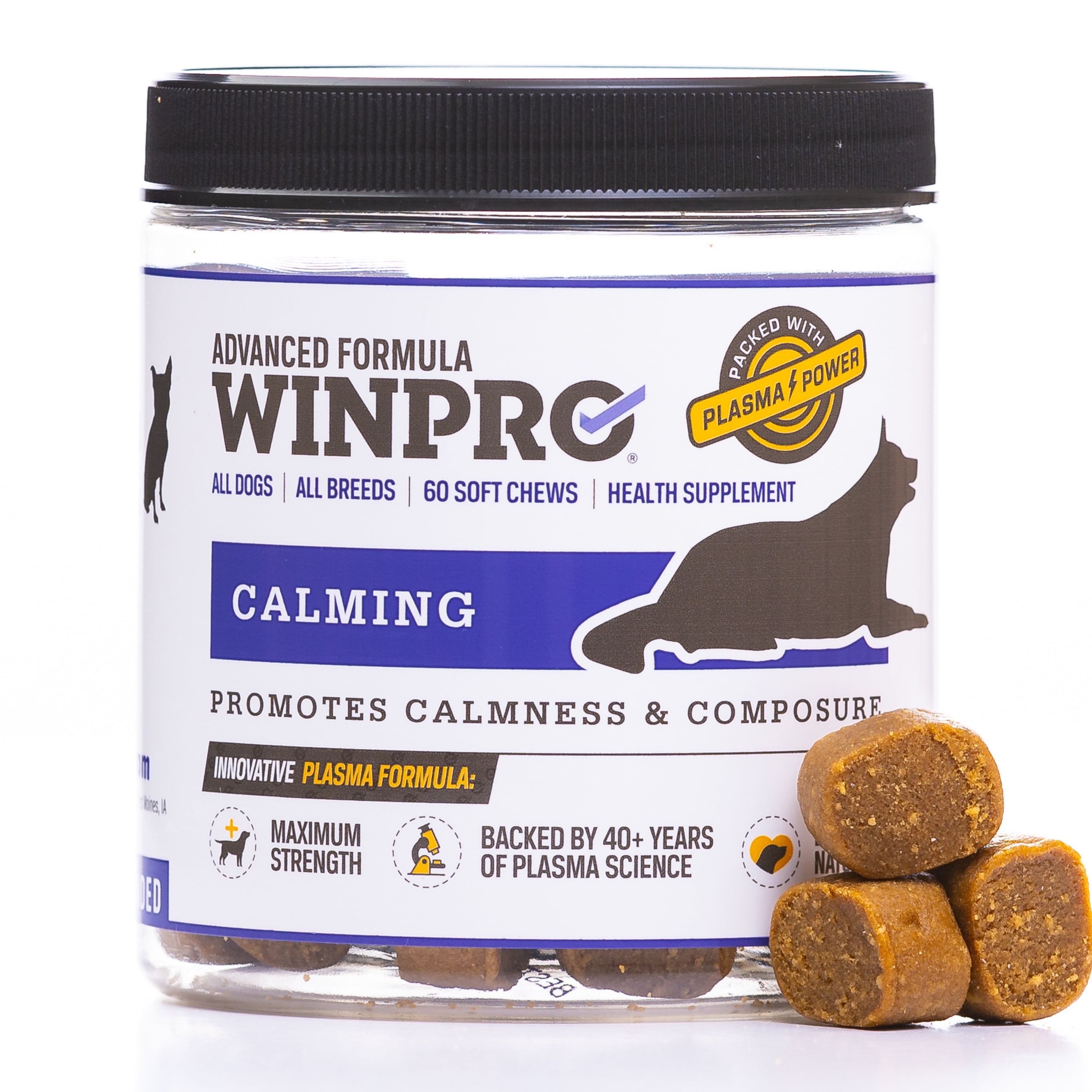 WINPRO Pet Calming Grain-Free Plasma-Powered Soft Chews, 60 Chews, Natural Blood Protein Supplements for Dogs Providing Anxiety Support Against Separation, Travel and More, Made in The USA