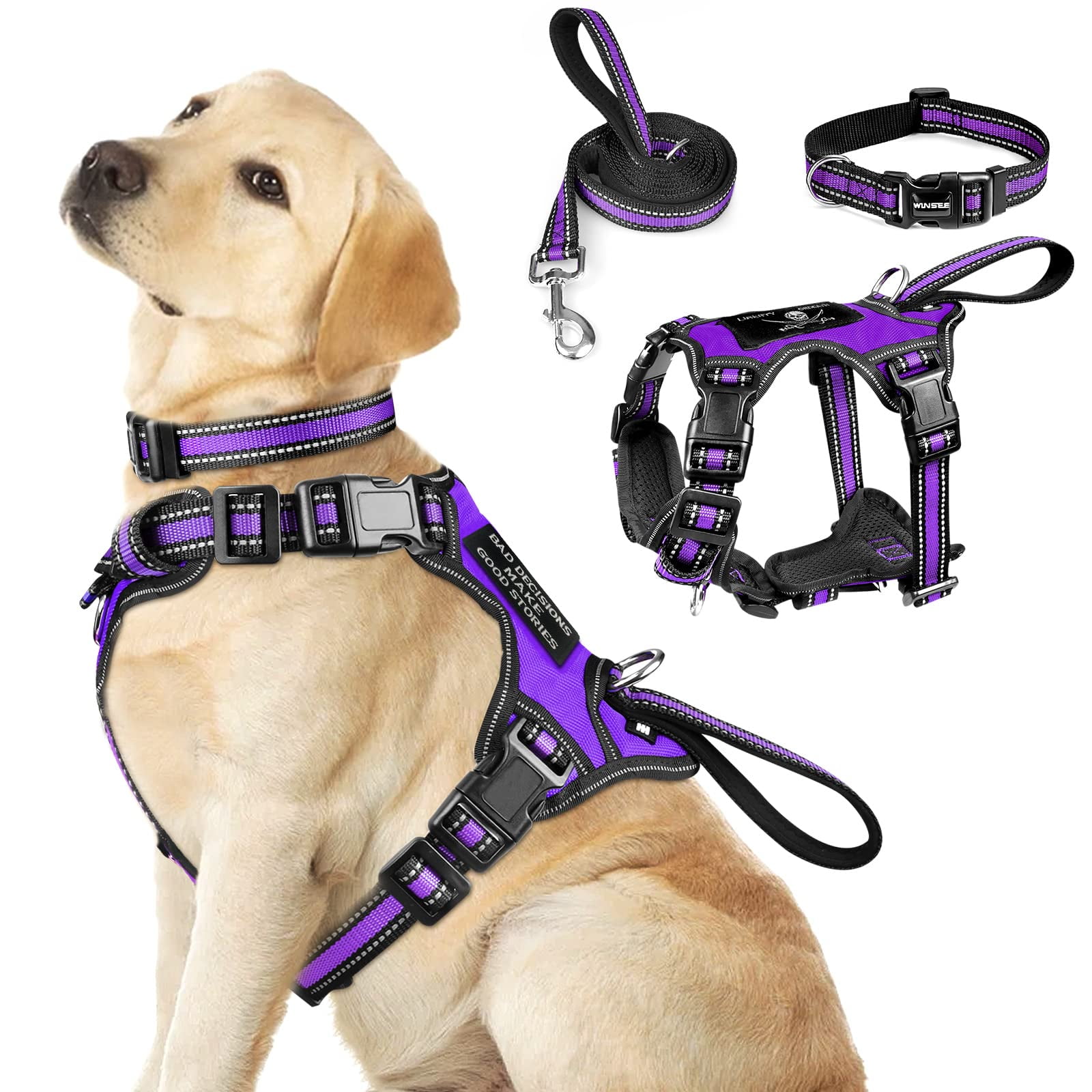WINSEE Pet Harness Collar and Leash Set, All-in-one Reflective Dog Harness No Pull with Adjustable Buckles for Puppies, Small, Medium, Large, and Extra-Large Dogs (Large, Purple) C80