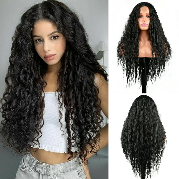 WINSKY 26 Heat Friendly Synthetic Lace Front Wig for Black Women 150 Density Glueless Wigs Black Curly Wig Long Water Wavy Wig