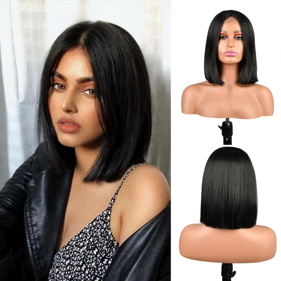 WINSKY Bob Wig Glueless Wigs 12”Heat Friendly Synthetic Lace Front Wig 150 Density Black Short Wigs for Black Women
