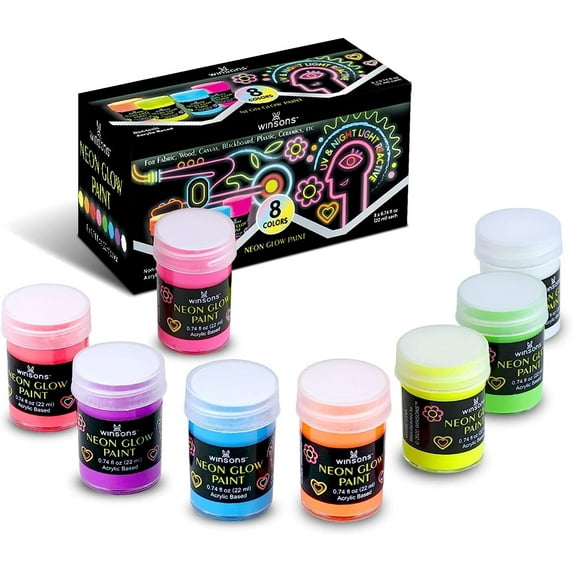 WINSONS Glow in the Dark 8-Color Paint Set, Non-Toxic & Long-Lasting (22ml/0.74 fl. oz.), Neon Paints for Fabric, Canvas & Wood