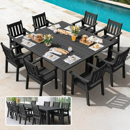 WINSOON 10-Piece HIPS All Weather Outdoor Patio Dining Sets with Umbrella Hole& Aluminum Frame,2-Table 8-Chairs(Black)