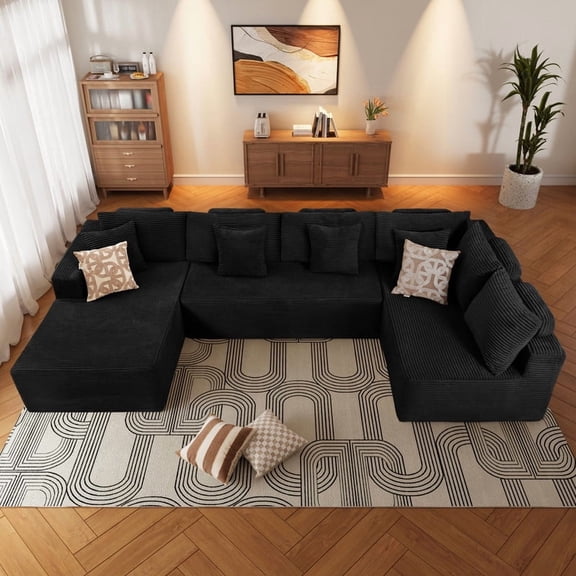 WINSOON 135"x69" Plush Modular Sectional Sofa with Pillows-Black