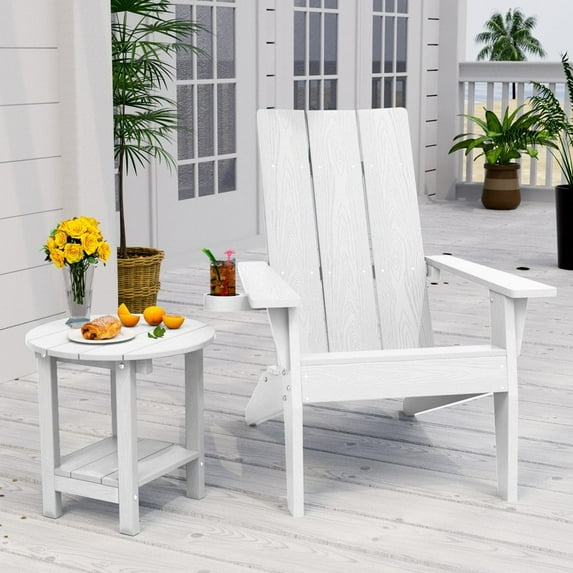 WINSOON 2-Piece All Weather HIPS Outdoor Adirondack Cup Holder Chair and Table set-White
