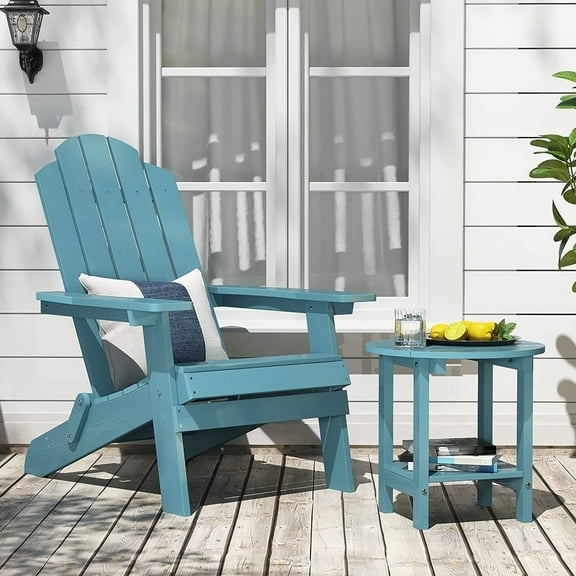 WINSOON 2-Piece All Weather HIPS Outdoor Folding Adirondack Chair and Table set-Baby Blue