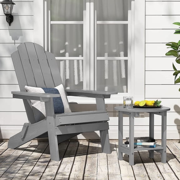 WINSOON 2-Piece All Weather HIPS Outdoor Folding Adirondack Chair and Table set-Grey