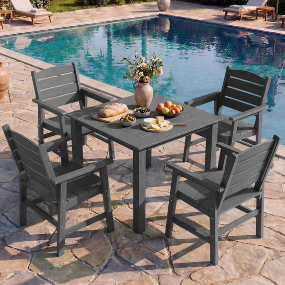 WINSOON 5-Piece HIPS All Weather Outdoor Patio Dining Sets, 1-Table 4-Chairs, Sturdy Frame & Easy to Install for Family Use,Grey