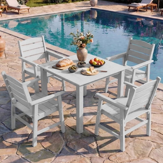 WINSOON 5-Piece HIPS All Weather Outdoor Patio Dining Sets, 1-Table 4-Chairs, Sturdy Frame & Easy to Install for Family Use,White