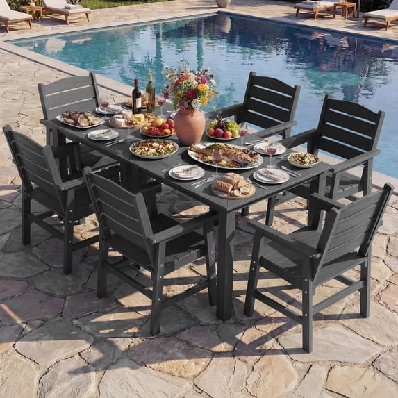 WINSOON 8-Piece HIPS All Weather Outdoor Patio Dining Sets, 2-Tables 6-Chairs, Heavy-Duty Sturdy Frame & Easy to Assemble for Backyard Patio Multi-Person Parties
