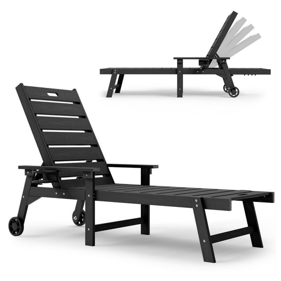 WINSOON All-Weather Chaise Lounge Chair, 5-Position Adjustable Backrest with Cup Holder, Outdoor Patio Recliner for Poolside Backyard-Black