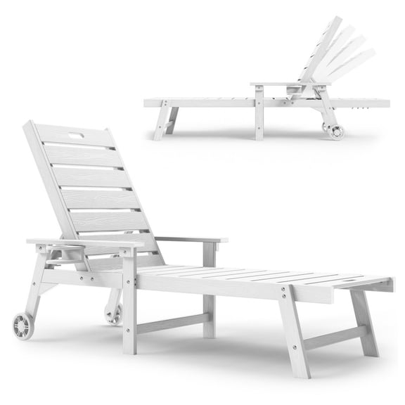 WINSOON All-Weather Chaise Lounge Chair, 7-Position Adjustable Backrest with Cup Holder, Outdoor Patio Recliner for Poolside Backyard-White