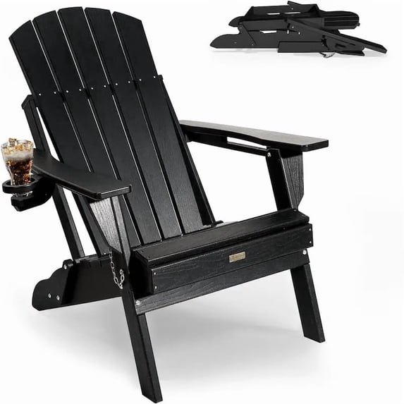WINSOON All-Weather HDPE Adirondack Chair, Folding Design, Wide Seat with Cup Holder for Garden, Yard & Patio,Black