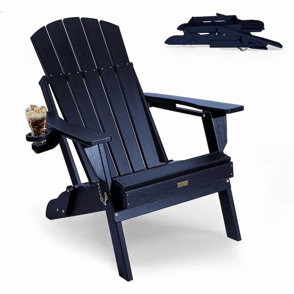 WINSOON All-Weather HDPE Adirondack Chair, Folding Design, Wide Seat with Cup Holder for Garden, Yard & Patio,Navy