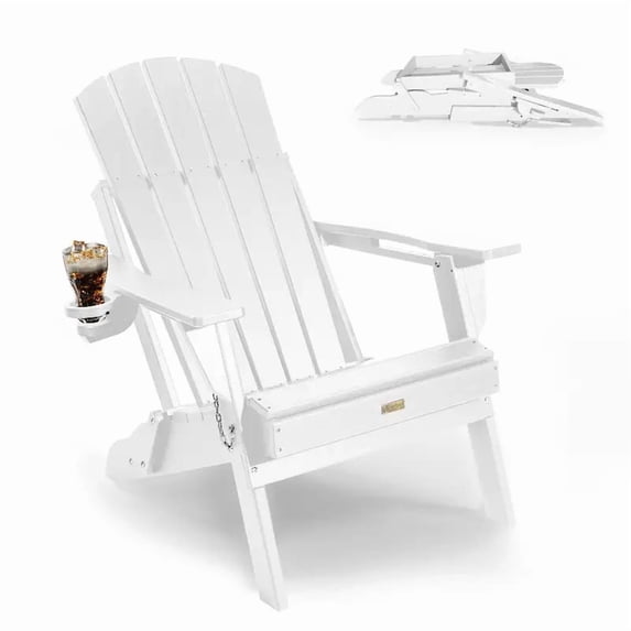 WINSOON All-Weather HDPE Adirondack Chair, Folding Design, Wide Seat with Cup Holder for Garden, Yard & Patio,White