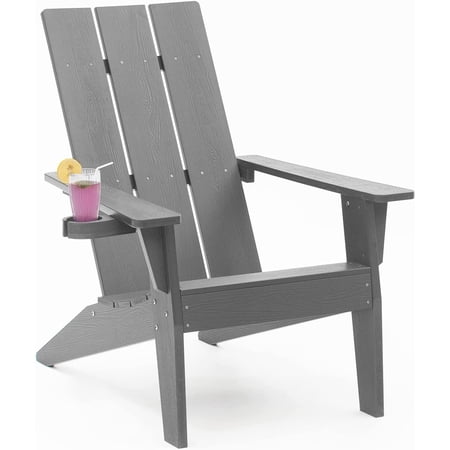 WINSOON All Weather HIPS Adirondack Chair with Cup Holder, Outdoor Patio Chair, Grey Finish