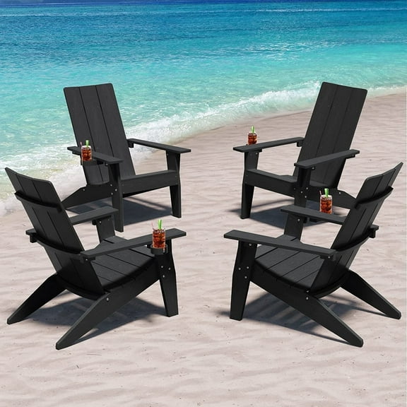 WINSOON All Weather HIPS Adirondack Chair with Cup Holder, Outdoor Patio Chair set of 4, Black Finish