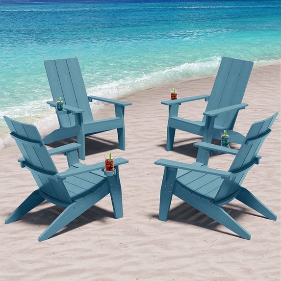 WINSOON All Weather HIPS Adirondack Chair with Cup Holder, Outdoor Patio Chair set of 4, Blue Finish