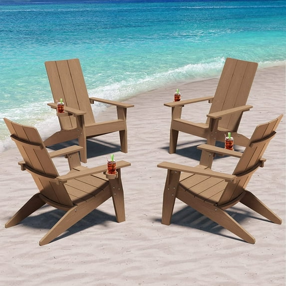 WINSOON All Weather HIPS Adirondack Chair with Cup Holder, Outdoor Patio Chair set of 4, Teak Finish