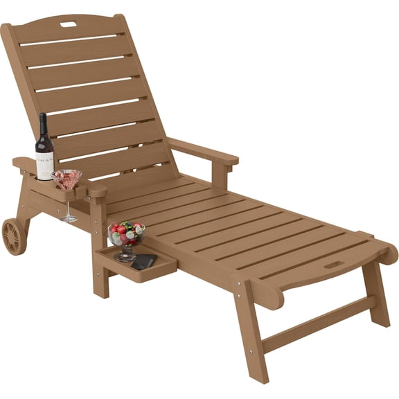 WINSOON All-Weather HIPS Chaise Lounge Chair, 8-Position Adjustable Backrest with Wheels, Cup Holder & Side Table-Teak
