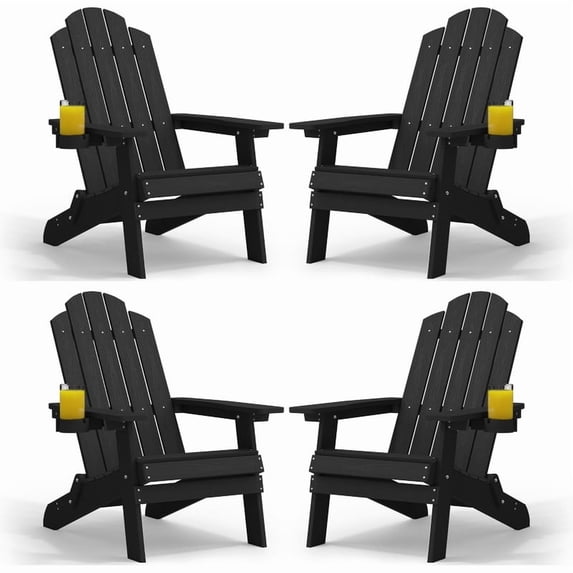 WINSOON All Weather HIPS Folding Adirondack Chairs Set of 4 Outdoor Chair Garden Patio Chair, Black Finish
